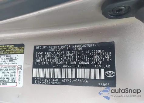 2007 Toyota Camry Xle z USA, uszkodzony, nr VIN 4T1BE46K47U504883